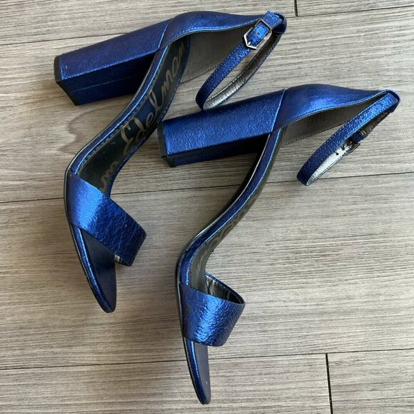 Sam Edelman Yaro Block Heel Sandal Shiny Electric Blue Leather Size W10 - Picture 2 of 7